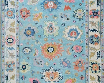 Turquoise Oushak Rug in Vintage Oriental Design Rug For Living Room style Floor Decor
