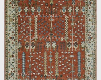Hand Knotted Area Rug, Handmade Wool Oriental Rug, Vintage Rust Red Persian Tree of life Floral Carpet, Traditional Living Room Rug
