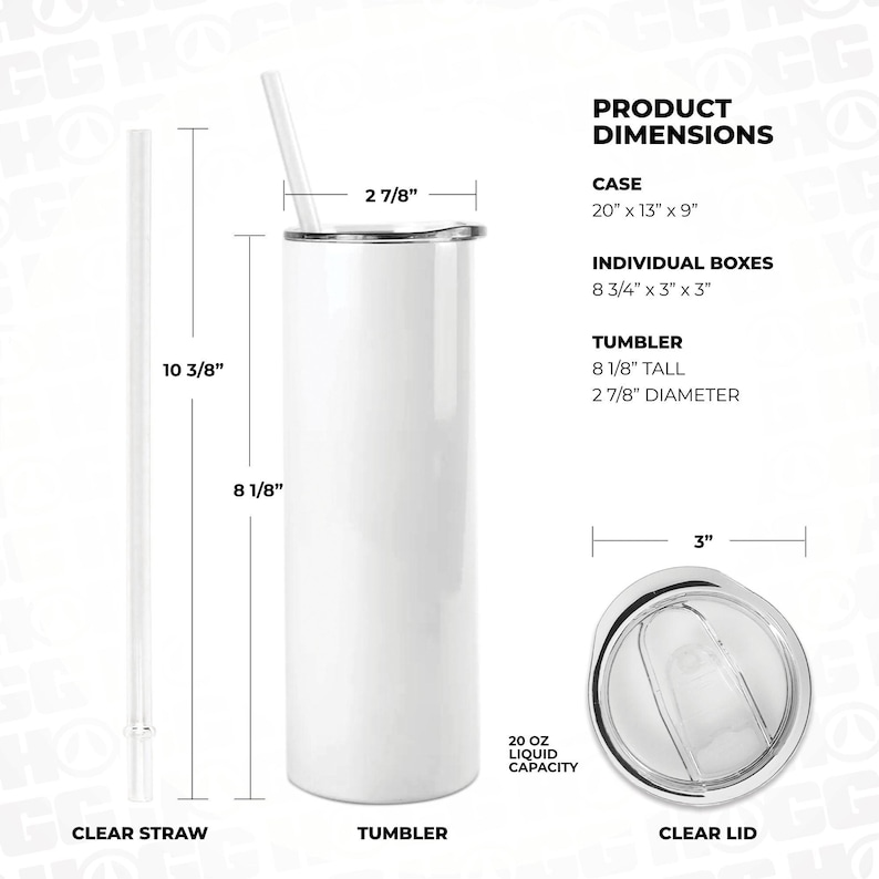 May include: A white tumbler with a clear lid and straw. The tumbler is 8 1/8 inches tall with a 2 7/8 inch diameter and holds 20 oz of liquid. The clear straw is 10 3/8 inches long. Product dimensions are also listed.