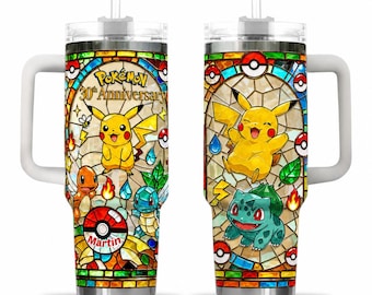Personalized PKM Inspired Tumbler, Custom Anime Travel Mug, Anime Fan Gift, 40oz, 20oz Cup With Handle  - Personalized Gift 2D Flat