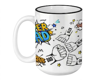 Personalized Dad Mug Coffee Cup, Custom Super Dad Gifts with Kids Names, Daddy Birthday Fathers Day Gift for Dad Present from Children