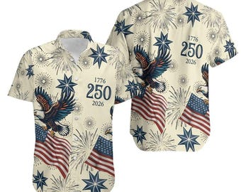250 Years Of Freedom Hawaiian Shirt, America 250th Anniversary 17762026, Bald Eagle American Flag Button Up, Patriotic 4th Of July Shirt