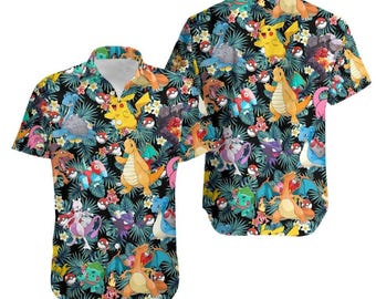 PKM Hawaiian Shirt, Anime Tropical Button Up, Pikachu Vacation Shirt, Gamer Aloha Shirt, Cartoon Summer Beach Shirt