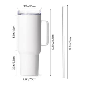 May include: White insulated tumbler with a handle and clear lid. The tumbler is 5.9 inches (15 cm) tall and 3.9 inches (10 cm) wide at the top. A white straw is included, measuring 12.2 inches (31 cm) long. The tumbler is designed for cold beverages.