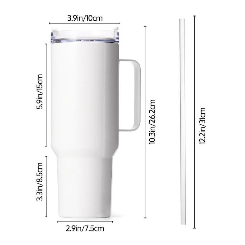 May include: White insulated tumbler with a handle and clear lid. The tumbler is 5.9 inches (15 cm) tall and 3.9 inches (10 cm) wide at the top. A white straw is included, measuring 12.2 inches (31 cm) long. The tumbler is designed for cold beverages.