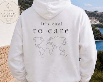 Felpa con cappuccio in cotone biologico ecologica, Felpa "It's Cool To Care", Felpa ecologica, Felpa con cappuccio con stampa Terra sul retro, Felpa con cappuccio Uniex per la sostenibilità