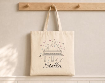 Personalized Piano Tote Bag Custom Music Gift for Kids Cute Canvas Tote Piano Gifts from Parents Music Tote Bag Teacher Gift Idea