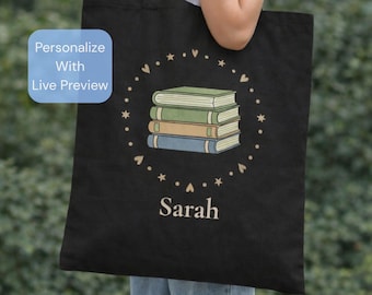 Personalized Library Tote Bag Custom Name Book Bag For Kids Teachers Bookworm Cute Canvas Reading Tote Gift Idea