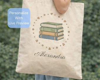 Personalized Library Tote Bag Custom Name Book Bag For Kids Teachers Bookworm Cute Canvas Reading Tote Gift Idea