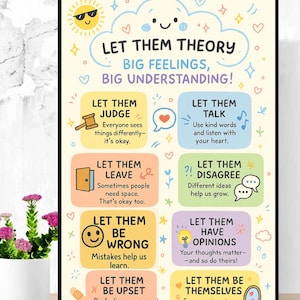 Puede incluir: Un póster enmarcado con el texto "LET THEM THEORY" y "BIG FEELINGS, BIG UNDERSTANDING!". El póster incluye ilustraciones y frases como "LET THEM JUDGE" y "LET THEM TALK", promoviendo la comprensión emocional.