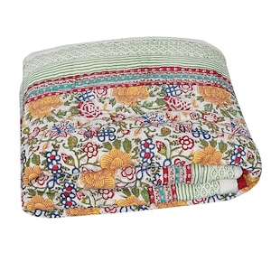 Cotton Block Print Quilt | Handmade Comforter Blanket | Indian Boho Bedding | Floral Kantha Quilt | Queen King Twin Sizes | Throw Bedspread