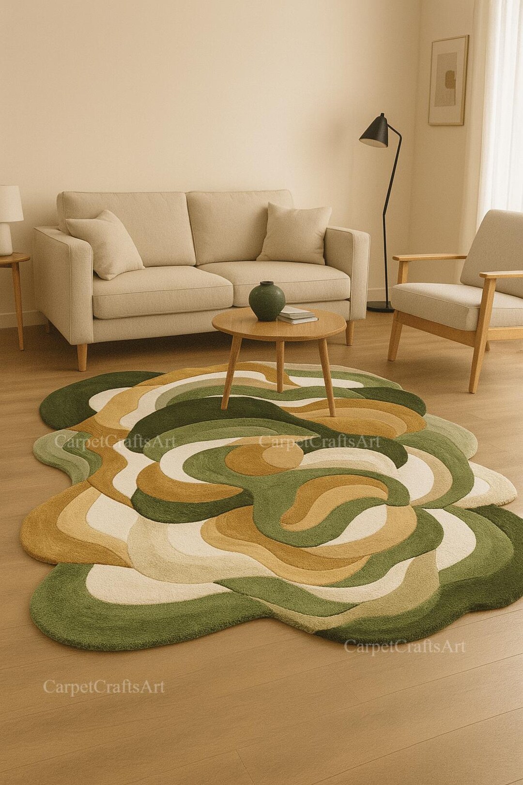 Green Earthy Pattern Rug Organic Abstract Green Wool Rug – Hand Tufted Irregular Carpet for ...