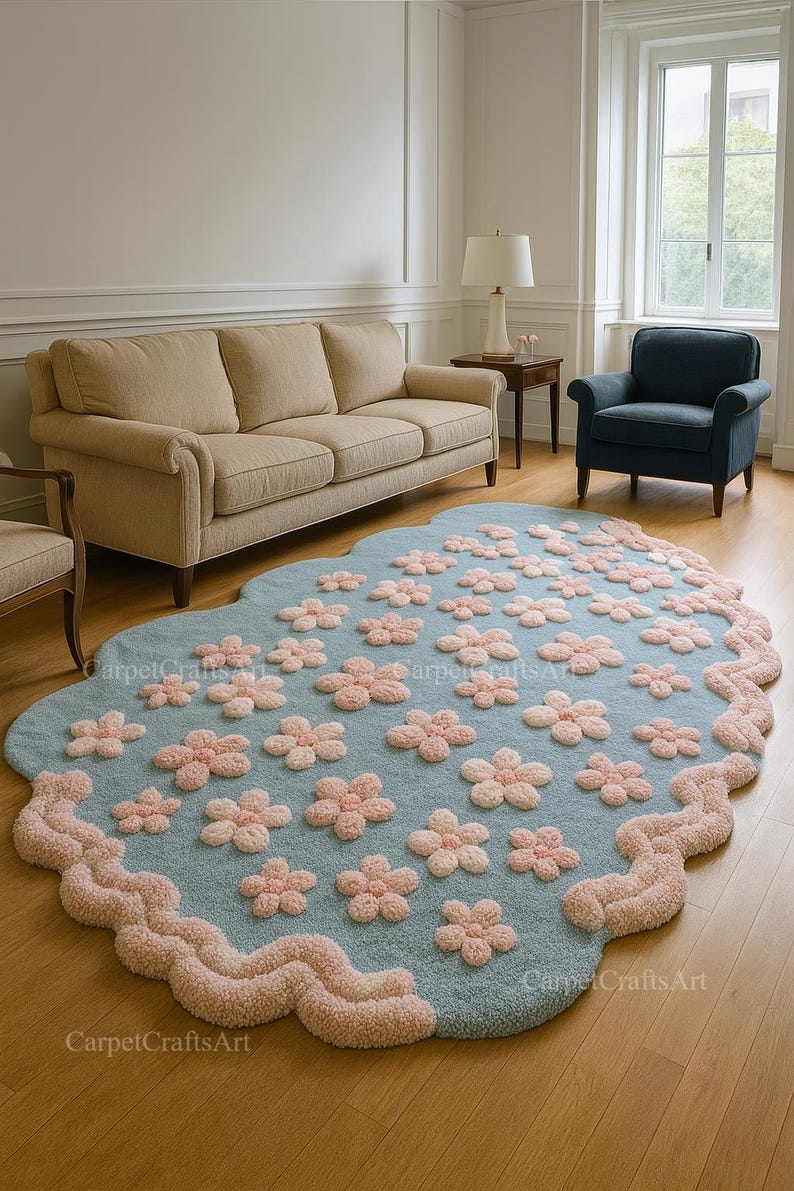 Pastel Blue Flower Rug – Pink 3D Floral Hand Tufted Wool Carpet | Cute ...