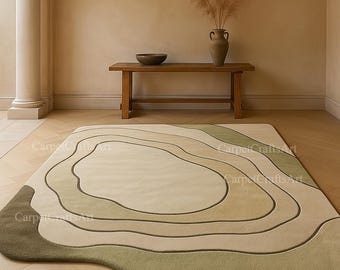 アースフォーム ハンドタフテッドウールラグ 12x15 9x12 – オリーブグリーン＆ベージュのモダンなオーガニックコンターカーペット – 自然からインスピレーションを得た抽象的なエリアラグ