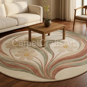 8x8 Round Floral Rug – Hand-Tufted Wool Daisy Carpet – Cream Boho Area Rug with Soft Pastel Curves – Custom Round Living Room 10x10 7x7rug