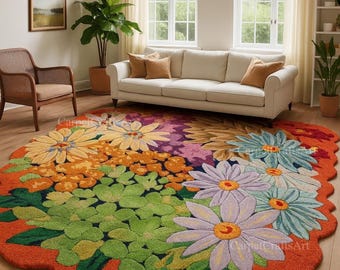 6x9 Colorful Floral Hand-Tufted Wool Rug – Irregular Shaped Flower Carpet for Living Room – Bold Artistic Area Rug – Unique 7x10 10x11 rug