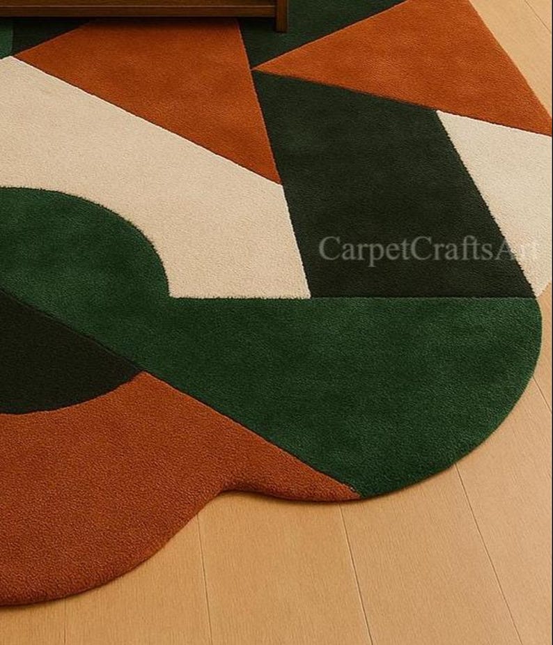 Handmade Modern Geometric Rug – Rust Green Cream Abstract Wool Carpet ...