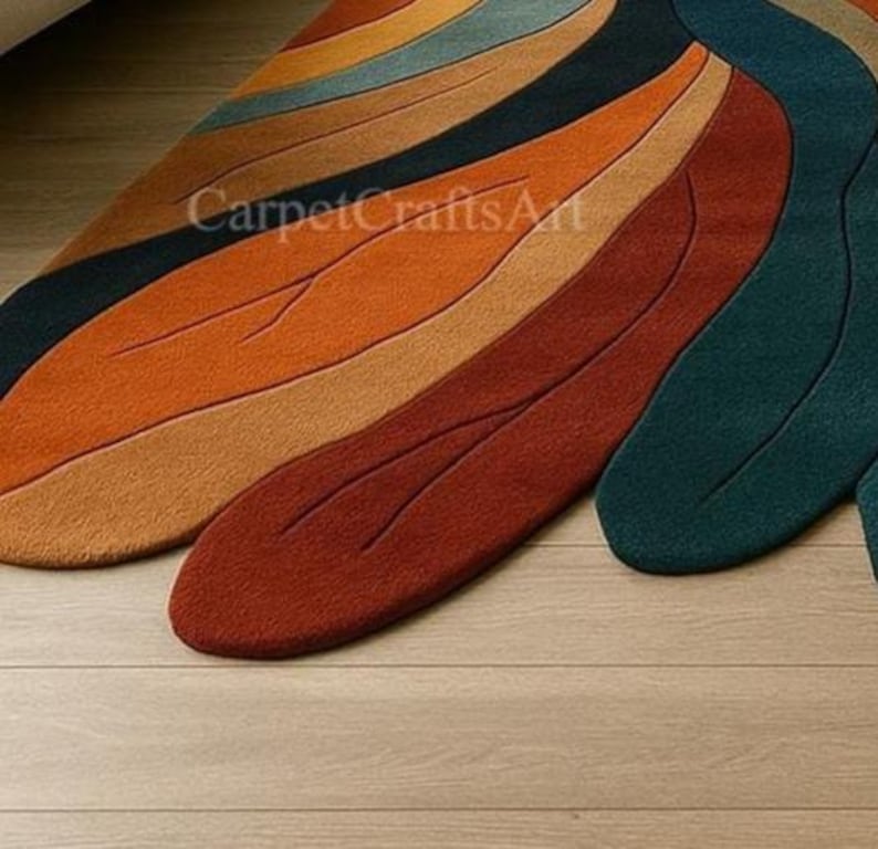 May include: A multi-coloured rug with a leaf-shaped design. The rug displays shades of orange, brown, teal, and blue. The text "CarpetCraftsArt" is visible on the rug's surface. The rug is placed on a light-coloured wooden floor.