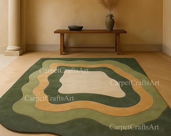 Tappeto astratto verde muschio, tappeto annodato a mano 12x15 9x12 – Tappeto moderno, organico, retrò, di metà secolo, moderno – Tappeto astratto ispirato alla natura