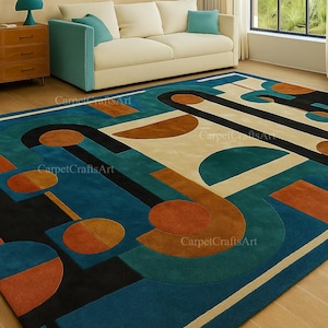 8x10 Modern Geometric Abstract Rug | Bold Color Block Handmade Area Carpet | Mid Century Living Room Decor | Teal Orange Blue Tufted Rug