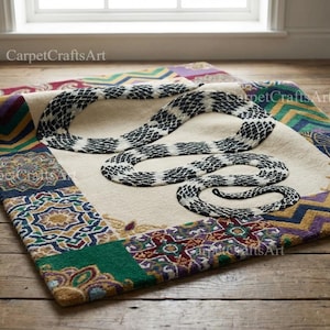 Snake Design Hand Tufted Rug, Boho Patchwork Border Wool Carpet, Black White Serpent Art Rug, Eclectic Area Rug, Handmade Custom Size Rug