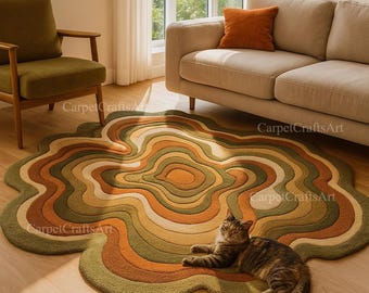 6x6 Earth Tone Wave Hand-Tufted Wool Rug – Irregular Organic Shape Carpet in Green, Orange & Beige – Retro Mid-Century Area Rug,10x10 7x7rug