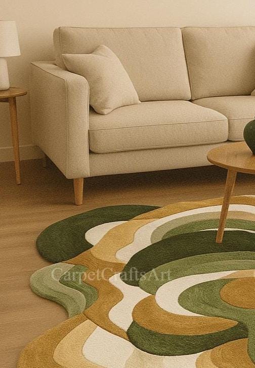 Green Earthy Pattern Rug Organic Abstract Green Wool Rug – Hand Tufted Irregular Carpet for ...