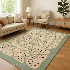 9x12 Modern Leaf Pattern Hand Tufted Wool Rug | Sage Green Beige Abstract Carpet | Nature Inspired Botanical Area Rug for Living 6x8 rug