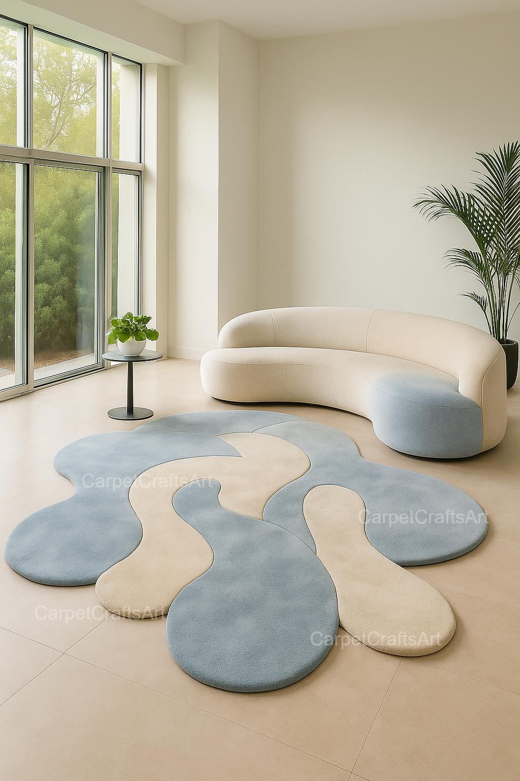 10x11 Modern Abstract Irregular Rug – Hand Tufted Blue & Beige Wool Carpet for Minimalist Living Room – Contemporary Blob Shape  7x10 10x11