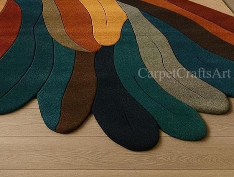 May include: A close-up of a colourful rug with an abstract design. The rug features curved, petal-like shapes in shades of teal, brown, orange, and yellow. The text "CarpetCraftsArt" is visible on the rug.