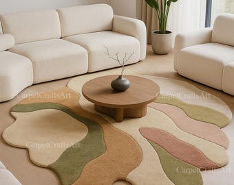Alfombra orgánica abstracta neutra de lana con mechones beige, verde terracota y moderna hecha a mano en tonos tierra suaves para sala de estar o alfombra.