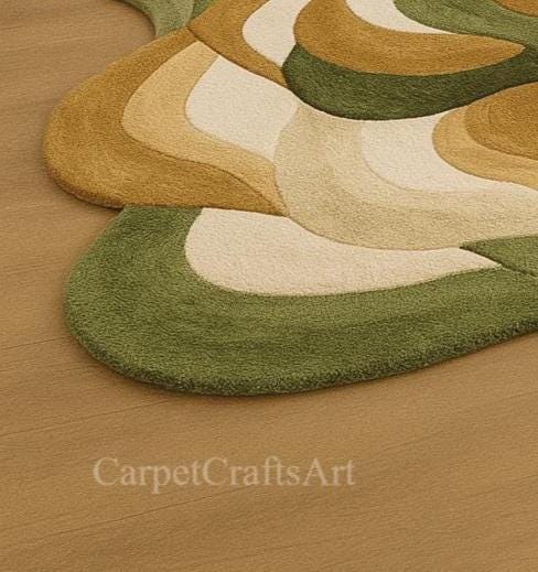 Organic Abstract Green Wool Rug – Hand Tufted Irregular Carpet for ...