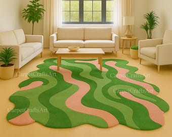 Groove Garden Irregular Rug – Hand Tufted Wool Carpet in Green & Pink – Bold Wavy Modern Area Rug for Living Room – Decor by CarpetCraftsArt