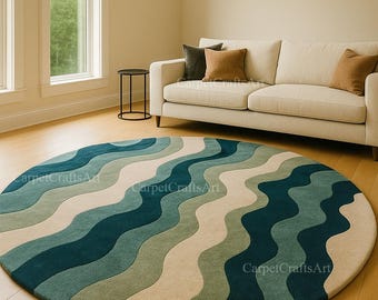 Round Wavy Pattern Rug | Modern Coastal Area Carpet in Teal, Blue & Beige Tones | Handmade Artistic Ocean-Inspired Design by CarpetCraftsArt