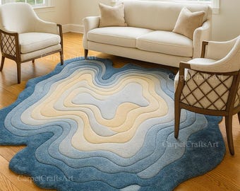 6x6 Modern Abstract Wave Hand-Tufted Rug – Irregular Round Ocean Layer Design Carpet – Blue Beige Wool Area Rug for Living Room,10x10 7x7rug