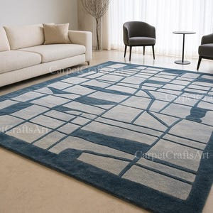 10x13 Modern Blue Ivory Grid Rug – Abstract Hand-Tufted Wool Area Carpet for Living Room – Geometric Contemporary Rug, 7x10 10x11 rug