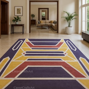 10x12 Purple Floral Abstract Rug | Bold Color Hand tufted Area Carpet | Tufted Living Room Decor | Teal White Line And Red Yellow Unique Rug