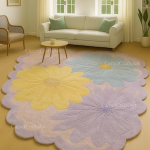5x8 Pastel Flower Hand-Tufted Wool Rug – Irregular Shaped Carpet in Yellow, Lavender & Blue – Soft Floral Area Rug, 7x10 10x11 rug