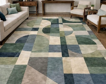 8x12 ft. Modern Geometric Area Rug, Green Blue Abstract Living Room Carpet, Handmade Luxury Rug, Contemporary Home Decor Custom Size