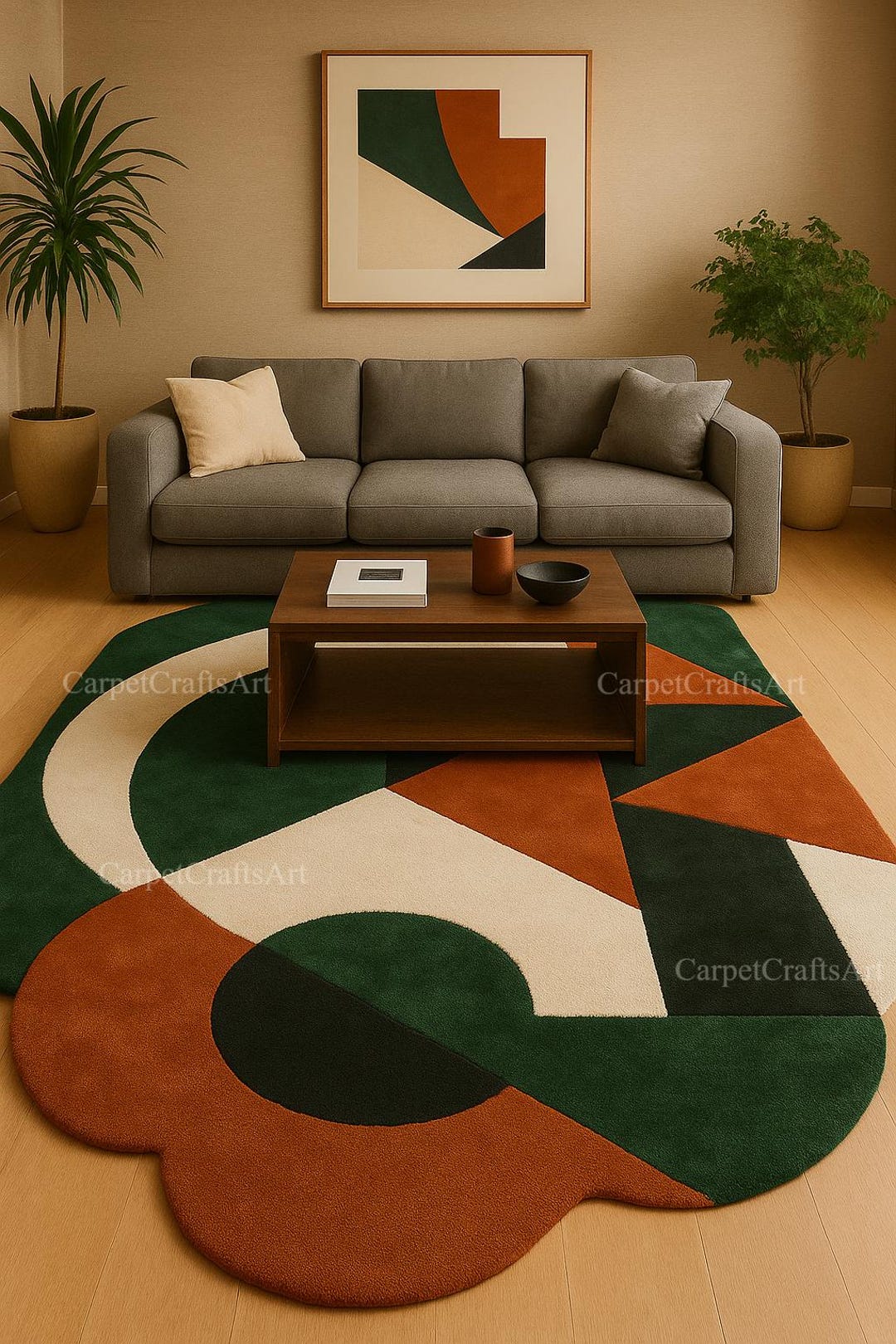 Rcc Rugs Handmade Modern Geometric Rug – Rust Green Cream Abstract Wool Carpet ...