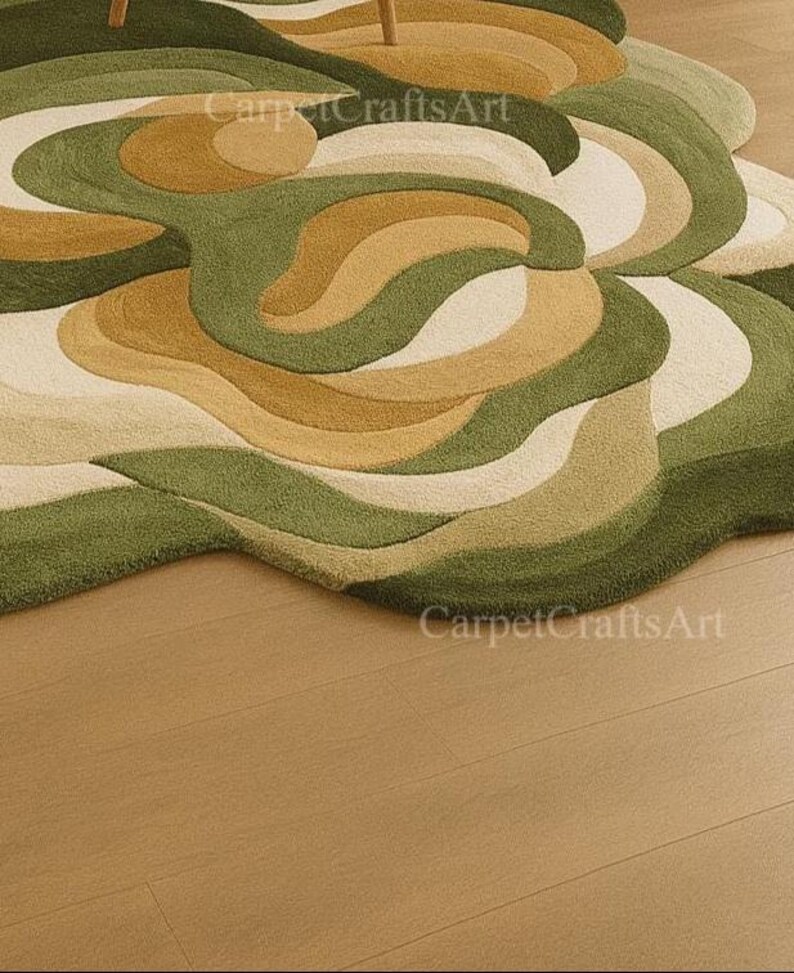Organic Abstract Green Wool Rug – Hand Tufted Irregular Carpet for ...