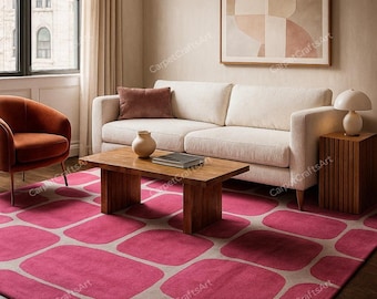 Pink Geometric Rug – Handmade Wool Area Carpet | Modern Retro Square Pattern Rug | Soft Hand-Tufted Living Room Floor Decor