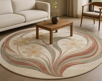 8x8 Round Floral Rug – Hand-Tufted Wool Daisy Carpet – Cream Boho Area Rug with Soft Pastel Curves – Custom Round Living Room 10x10 7x7rug