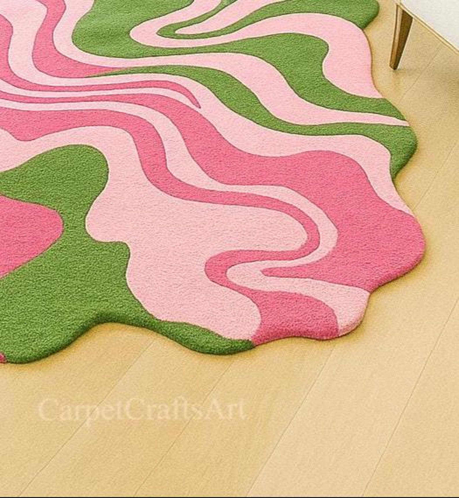 Pink and Green Irregular Wavy Rug 10x14 | Hand Tufted Abstract Wool ...
