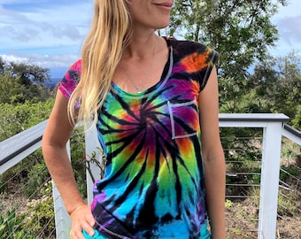 Tie Dye Rainbow with Black Accents Tee Shirt | Women's XS Upcycled