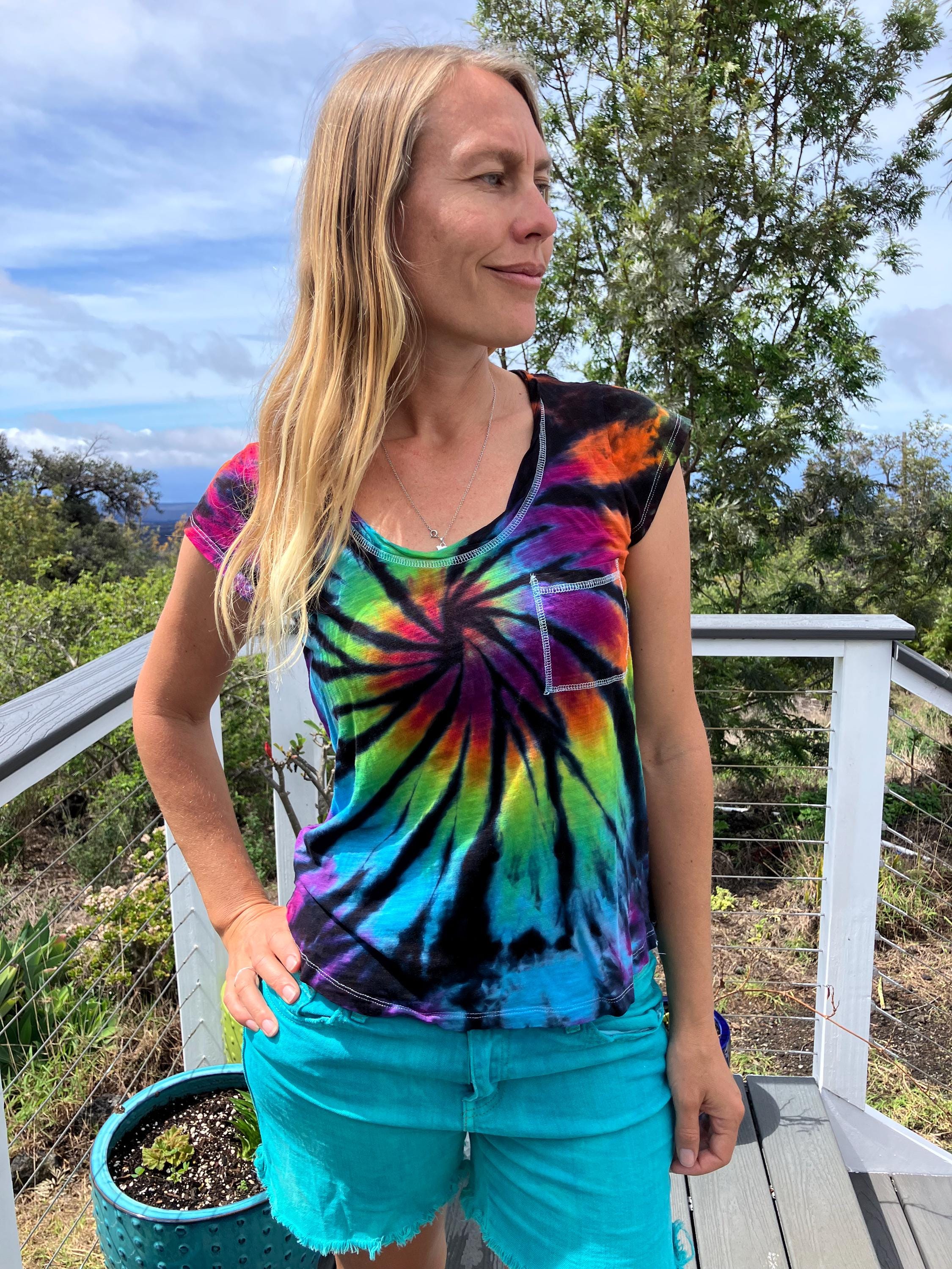 Tie Dye Rainbow With Black Accents Tee Shirt | Women's XS Upcycled - Etsy