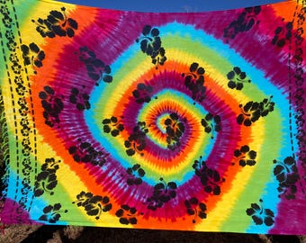 Tie Dye Rainbow Rayon Sarong With Hibiscus Flowers