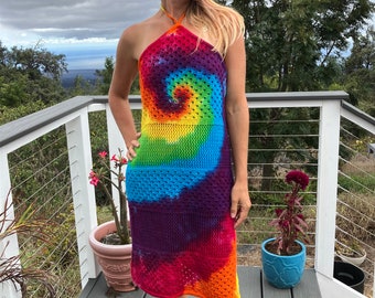 Tie Dye Rainbow Halter Crochet Dress Size Large