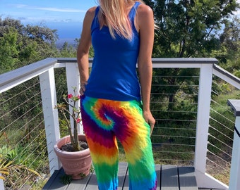 Tie Dye Rainbow Linen Pants | Women's Size L Upcycled