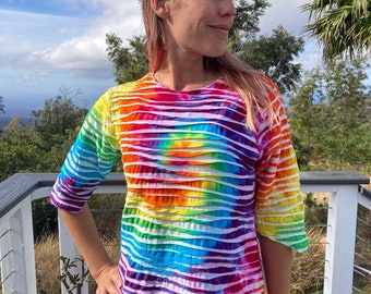 Tie Dye Rainbow 3/4 Sleeve Shirt | Women's Size Medium Upcycled